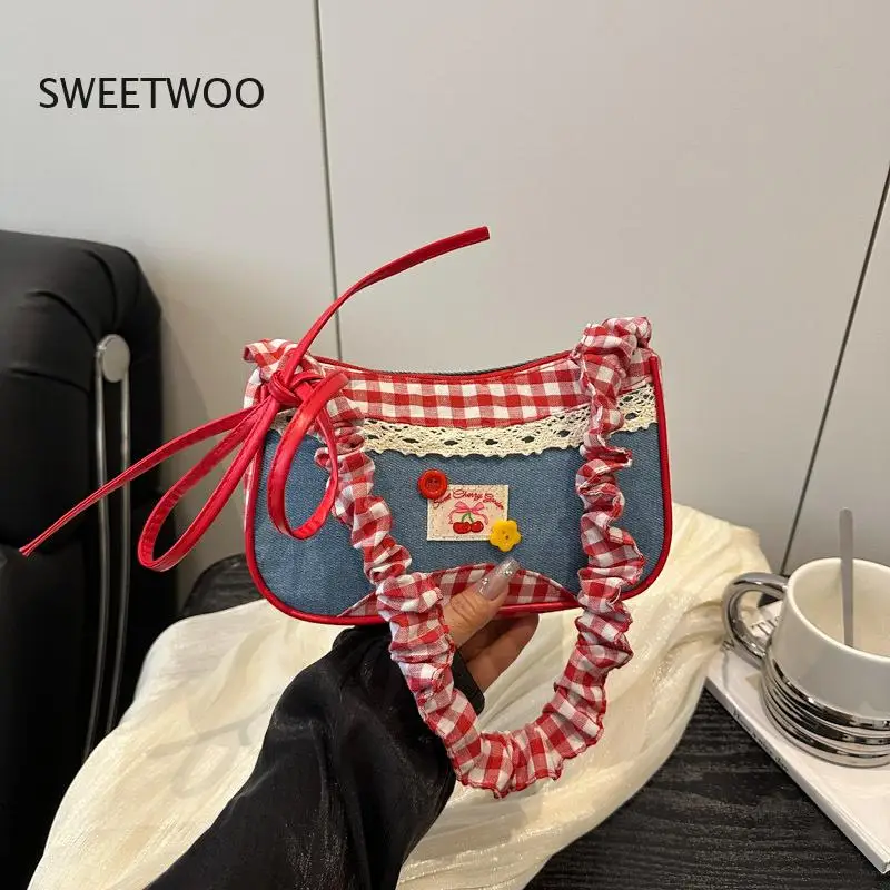 2026 Women Plaid Denim Underarm Bag Ruffle Trim Casual Crossbody Shoulder Bag for Girls