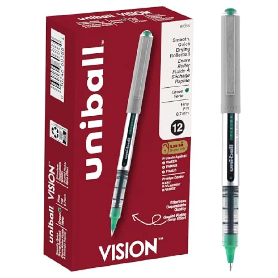 

Uniball Vision Rollerball Pens, Green Pens Pack of 12 - 0.7mm Fine Point Medium Ink - Japanese Pens, Smooth Writing Pens, Schoo