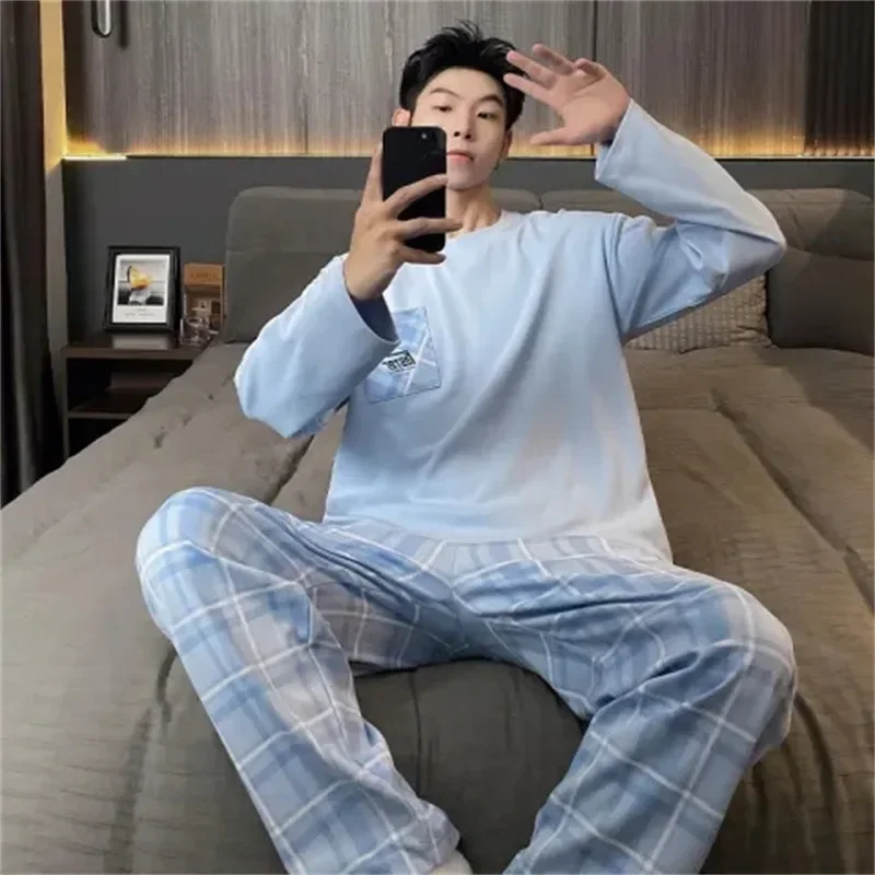 90kg 3XL Large Size Lougewear Spring Sleepwear for Man Korean Leisure Long Short Sleelves Full Pants Loose Homewear Pajamas Set