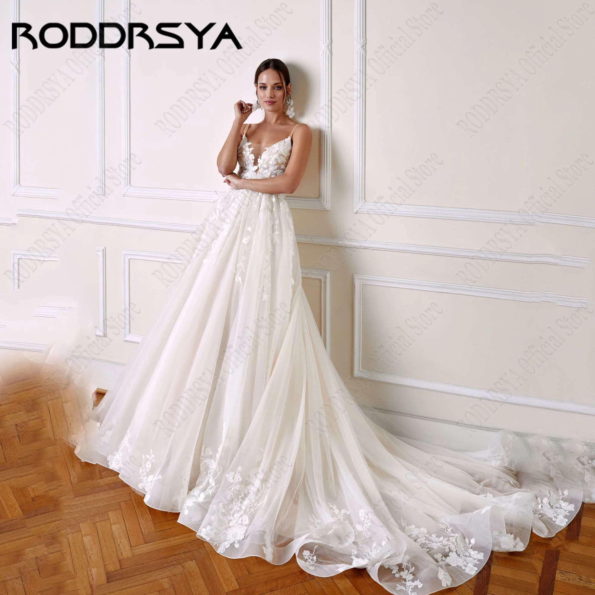 

RODDRSYA Glitter Backless Wedding Dresses 2024 Bride V-Neck Spaghetti Straps Bridal Gowns Lace Applique A-Line Robe De Mariée