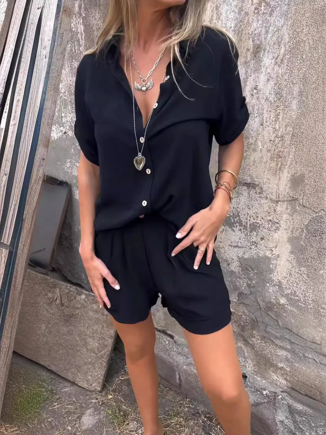 Casual Clothing Cotton Linen Blouse Shorts Set Solid Loose Short Sleeve Top Two-piece Set Fashion