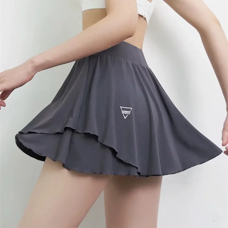Women's Summer Nude Cool Sports Short Skirt Yoga Fitness Anti-Walking Lightweight with Pocket Fake Two Skirt