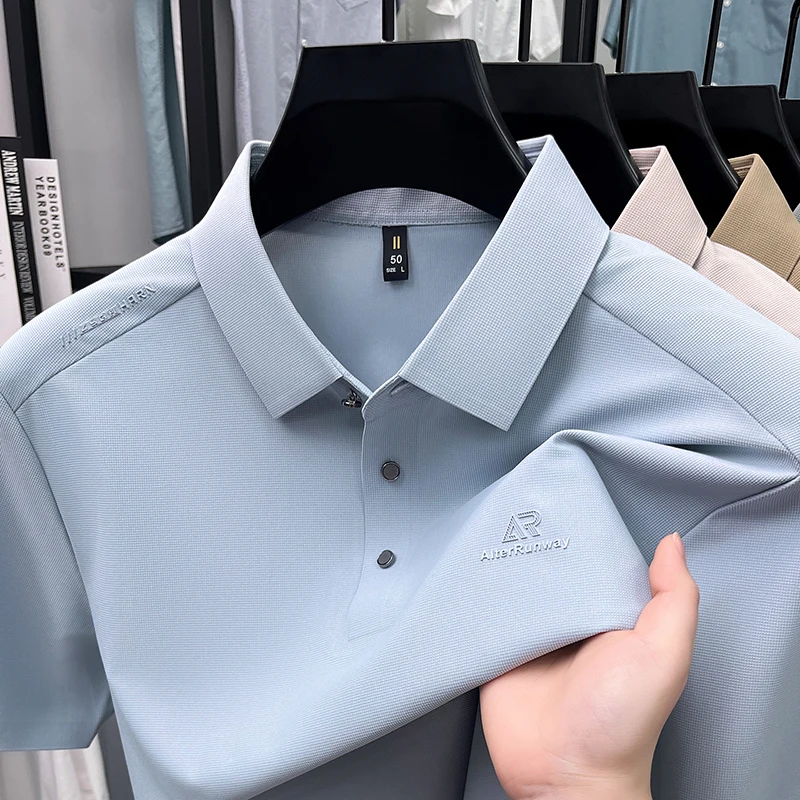 High end letter embossed short sleeve men polo shirt luxury brand ice silk breathable summer business casual new fashion T-shirt