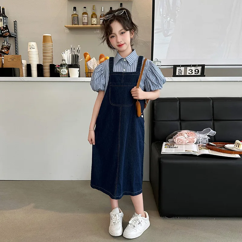 

Girls Suits 2024 New Suspenders Dress Set Summer New Fashion Striped Shirt Large Children Short-sleeved Shirt Denim Slip Dress