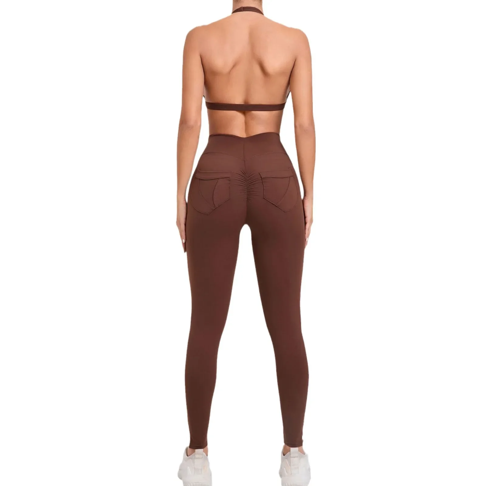 シームレスヨガセットスポーツフィットネスヒップリフティングポケットパンツビューティーバックホルターブラジャースーツワークアウトジムレギンスセット女性用