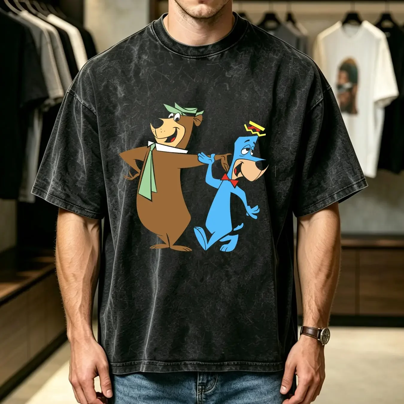 washed T Shirt Yogi Bear And Huckleberry Hound Men's Black Size S 5XL YI484 vintage Washed Slightly Stretched graphic fashion