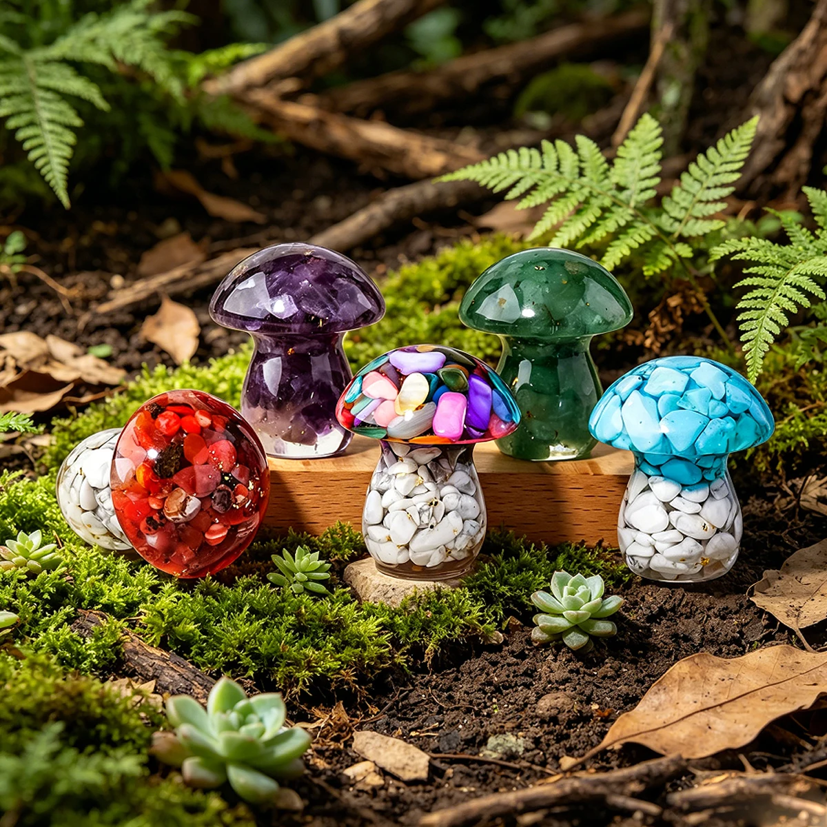 1pc Natural Crystal Chip Resin Mushroom Orgone Healing Stone Mini Figurine Desktop Altar Decor Gift