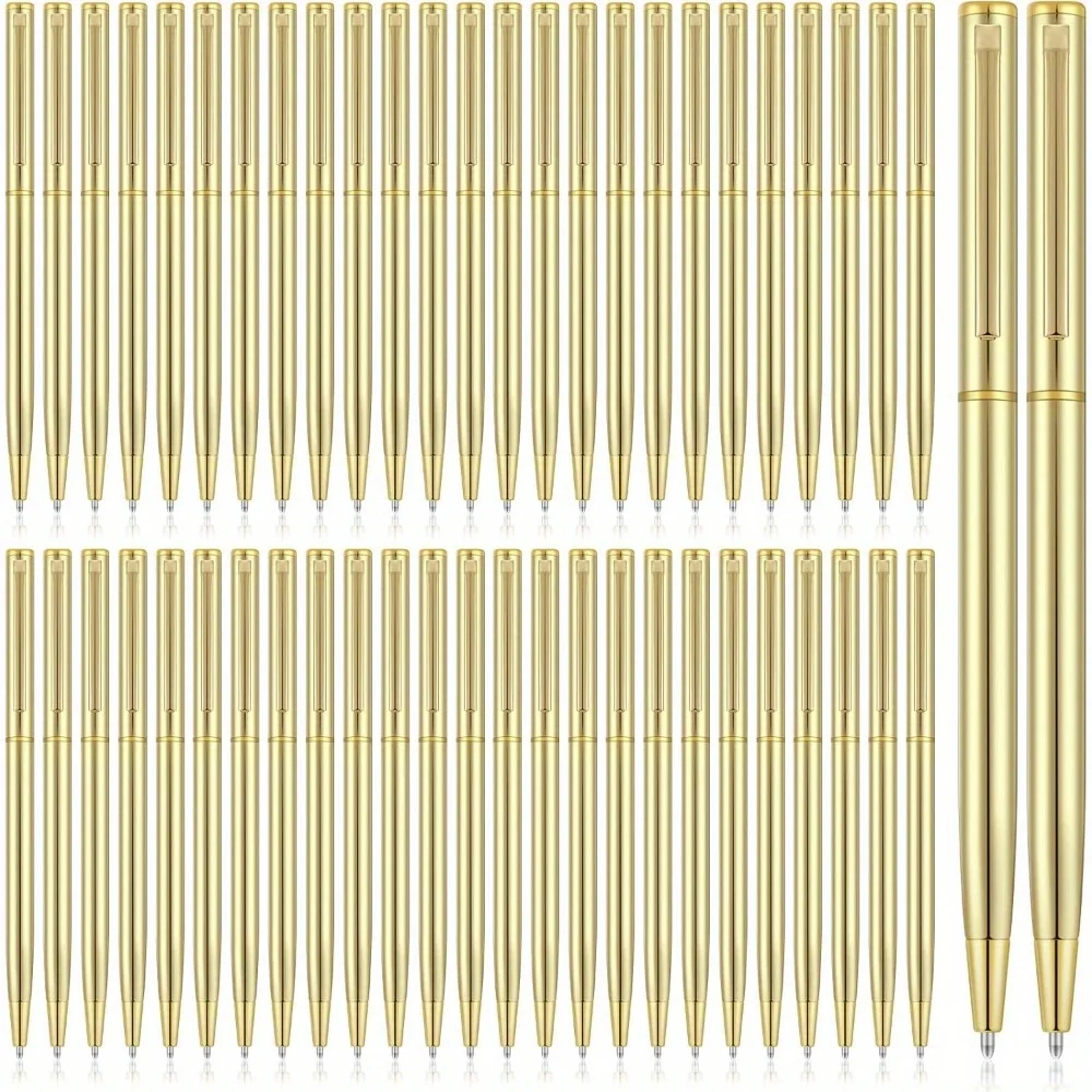 10–60 Stück goldfarbene, schmale Kugelschreiber aus Metall, einziehbar, metallische schwarze Tinte, 1 mm, mittlere Spitze, glatte Schreibstifte – Detail 1