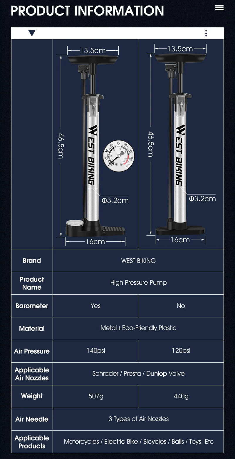 WEST BIKING Tragbare Hochdruck-Fahrradpumpe 160PSI Mit Manometer 120PSI Ohne Manometer Presta Schrader Ventil Fahrradreifen-Aufpumper – Detail 3