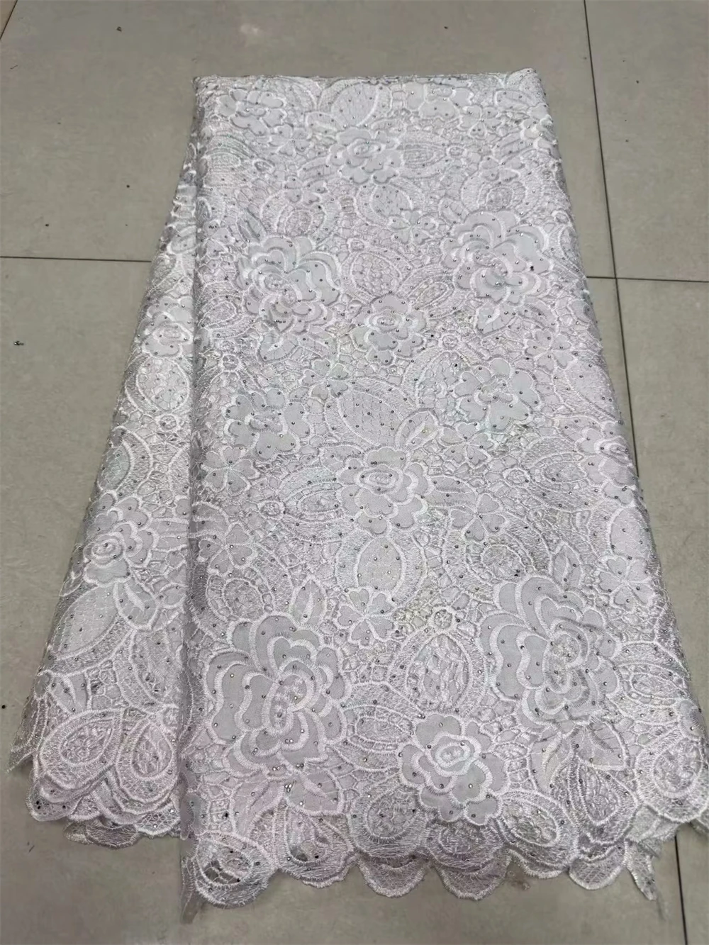 

African Lace Fabric with Stones, Heavy Cord Lace, Nigerian Guipure, Embroidery for Party Dress, White, 5 Yards