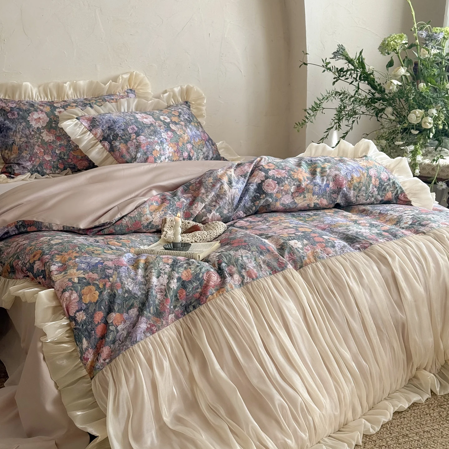Egyptian Cotton Princess Bedding Set Luxury Lace Ruffles Flowers Printing Duvet Cover Bed Sheet Pillowcases Home Textile