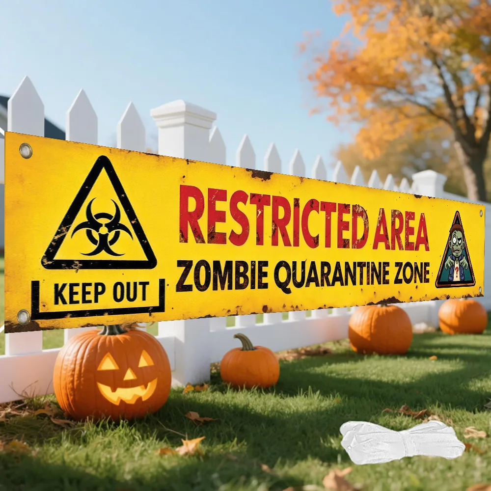 One 2D Flat Banner for Halloween Decoration Restricted Area Zombie Isolation Zone with Warning Signs