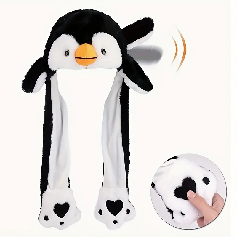 Вязаная тканевая шапка с изображением пингвина в стиле аниме с функцией подтяжки ушей и прыжков