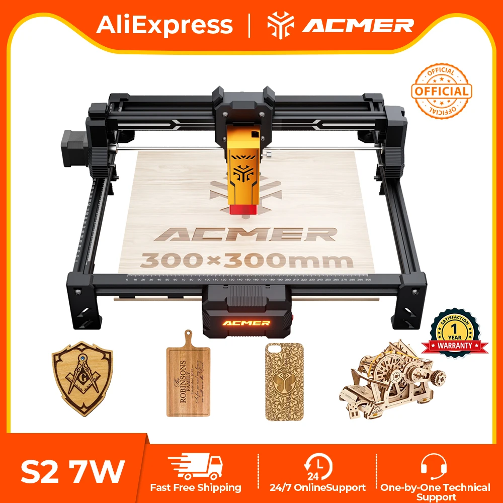 

ACMER S2 7W Laser Engraving Cutting Machine CNC Blue Diode Woodworking Tools Plywood Acrylic Leather Working Area 300x300mm
