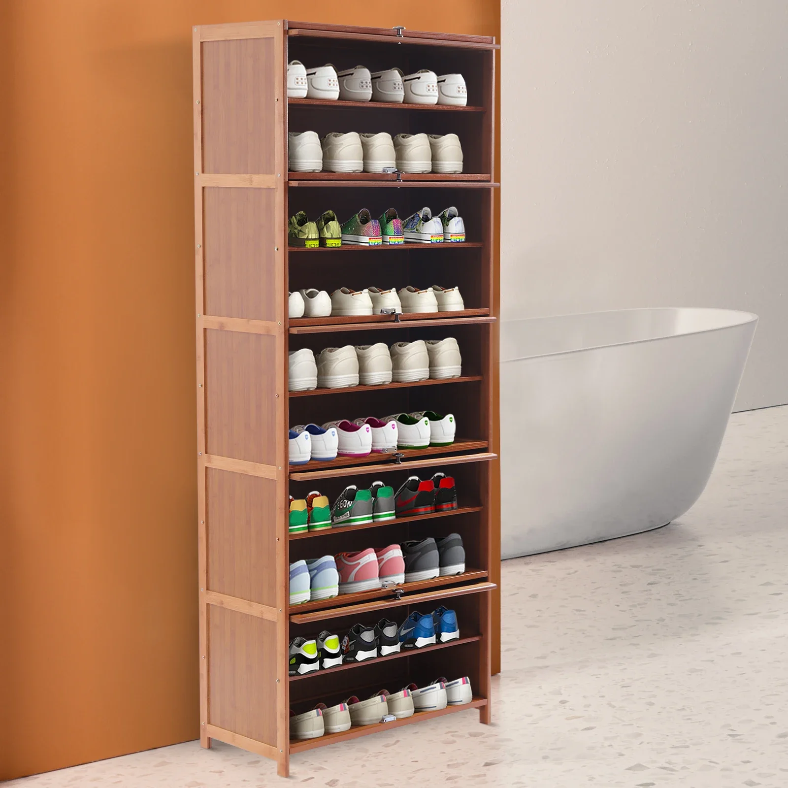 Scarpiera in bambù a 11 livelli con ante: moderno organizer per scarpe marrone per scarpe da ginnastica e stivali, ripiano per ingresso indipendente