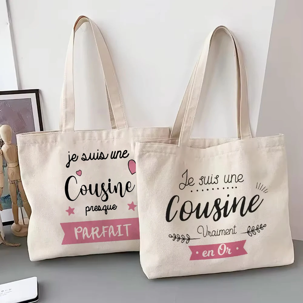 French Cousines Print Canvas Shoulder Bag Female Shopping Tote Women Travel Handbags Eco Reusable Storage Pouch Gifts for Cousin