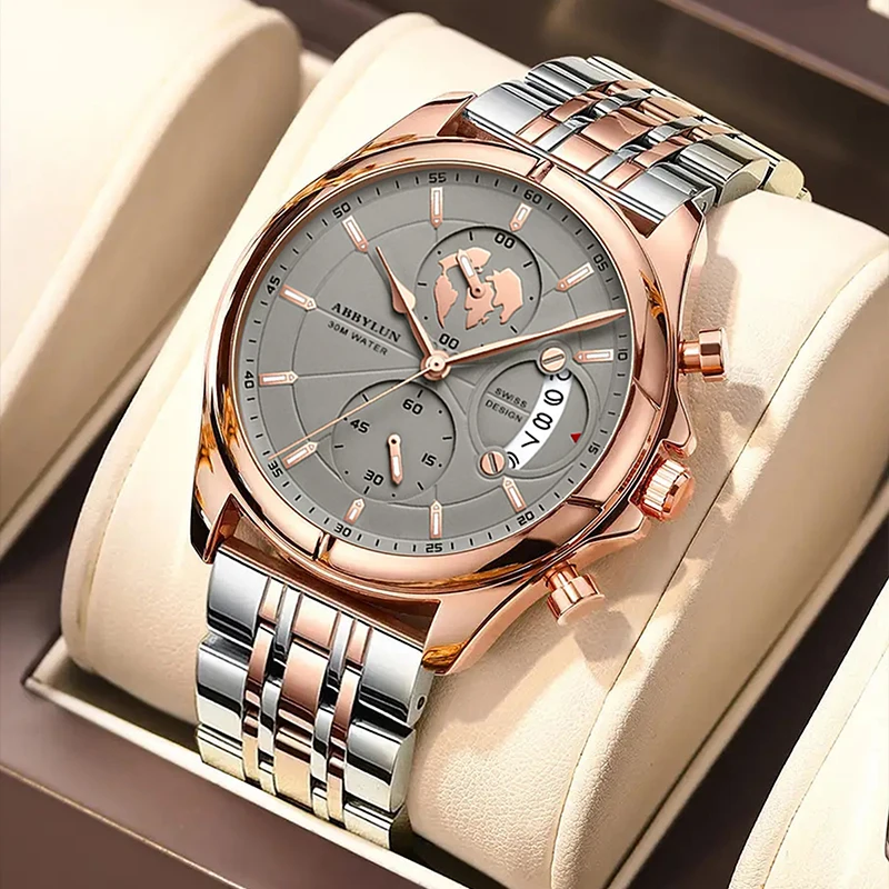 ABBYLUN 989 Men Quartz Watch Fashion Creative Outdoor Silvery Gold Steel Strap Pointer Date Display Wrist Watches for Male Gift