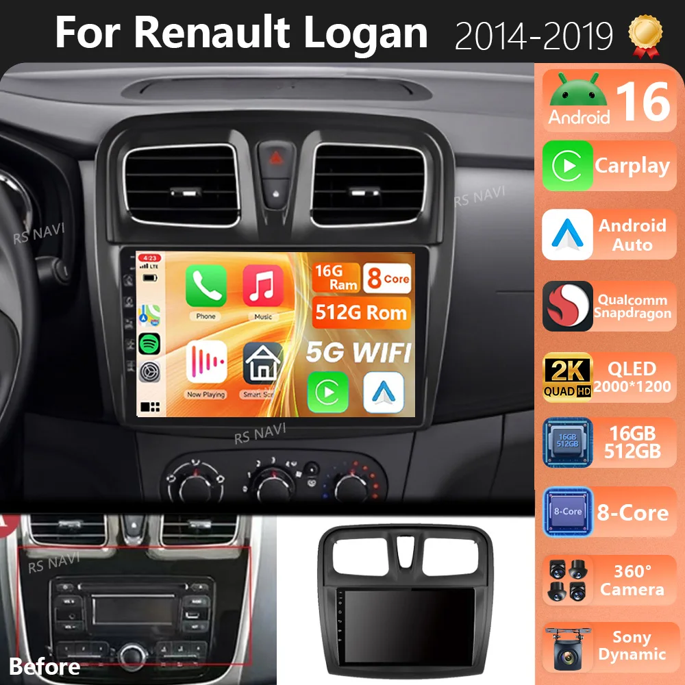 Plug and Play Android 16 For Renault Logan 2 2012 - 2022 Sandero 2 2013 -2022 2K QLED Stereo Car Radio Multimedia Video Player