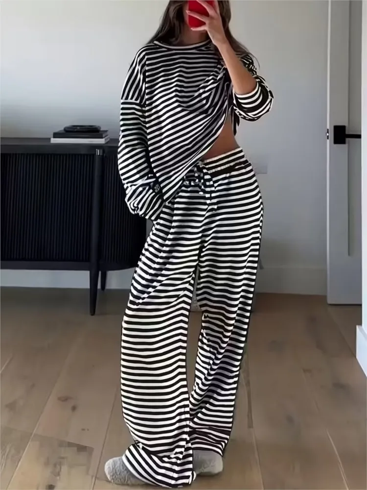 

Fashion Striped Print Two-piece Set For Woman Spring Autumn O-neck Loose Top Lace-up Pants Suit Ladies Leisure Comfort Outfit