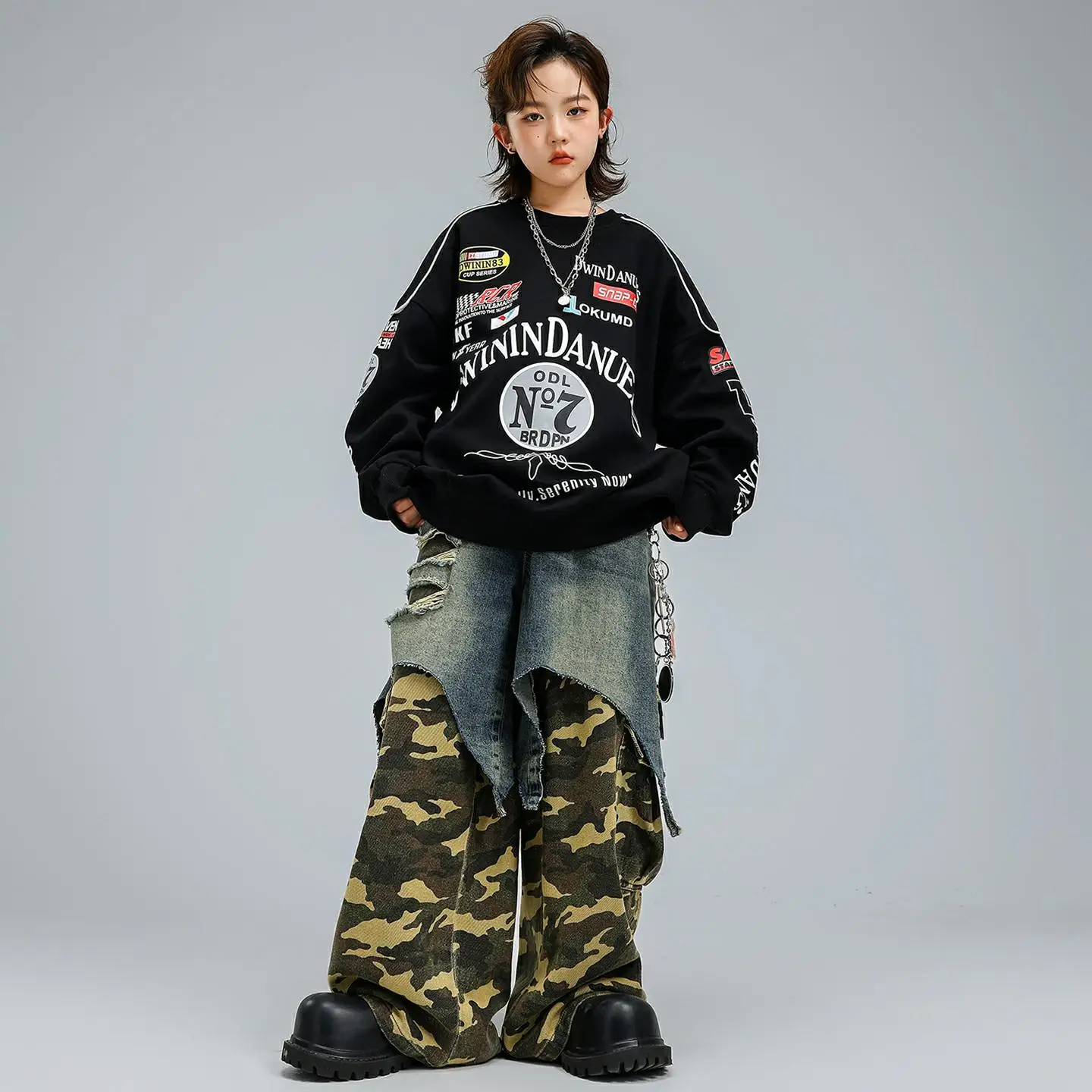 طفل Kpop الهيب هوب الملابس السوداء خطابات البلوز كامو الدنيم المرقعة ممزق السراويل لفتاة صبي الشارع أزياء رقص الملابس #3
