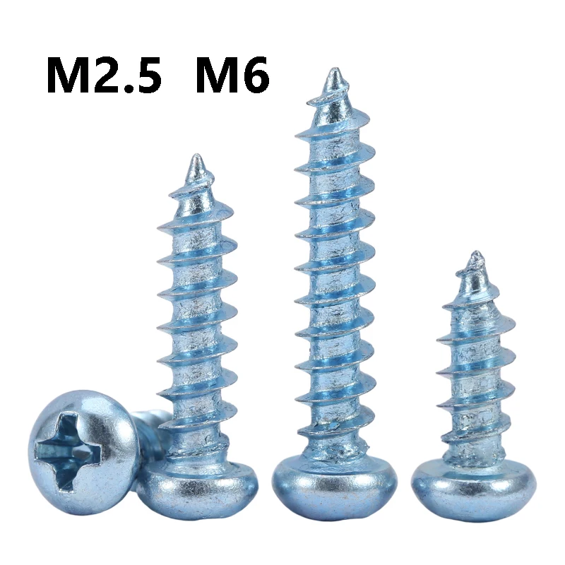 3~100Pcs Carbon Steel Blue Zinc Cross Recessed Round Head Self-Tapping Screw M2.5 M6 Mushroom Head Phillips Wood Screws