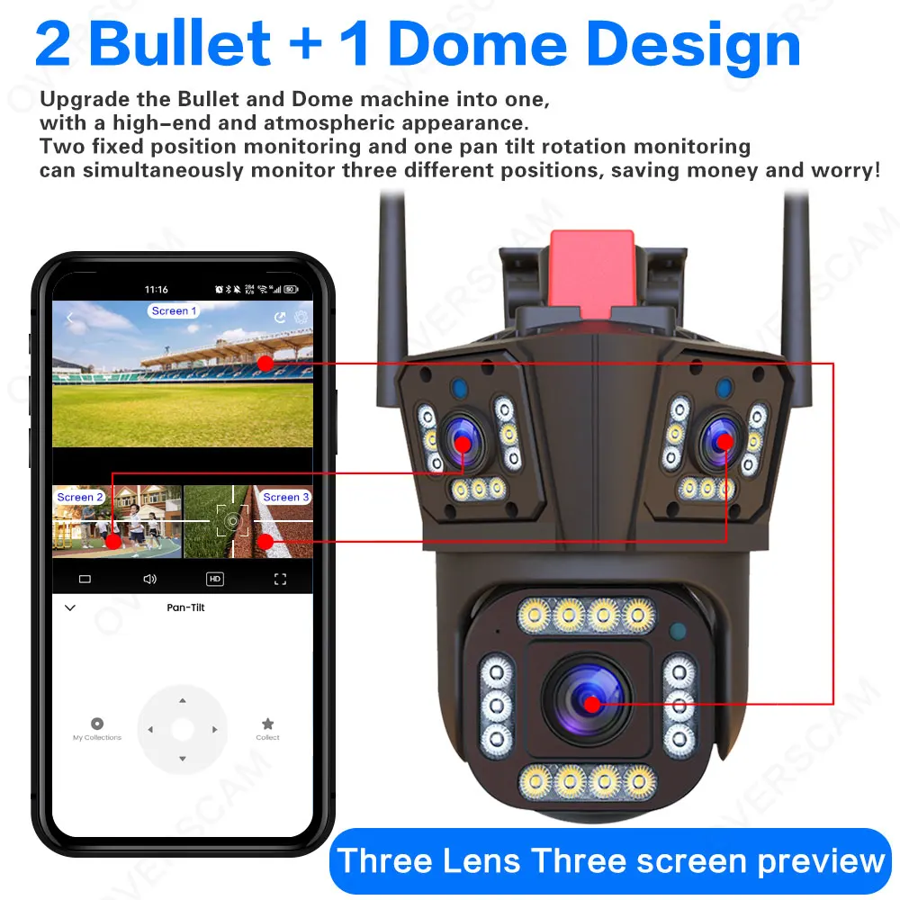 4K Wifi PTZ IP Camera Three Lens Dual Screen 12MP Auto Tracking Wireless CCTV Security Surveillance Camera Color Night Vision