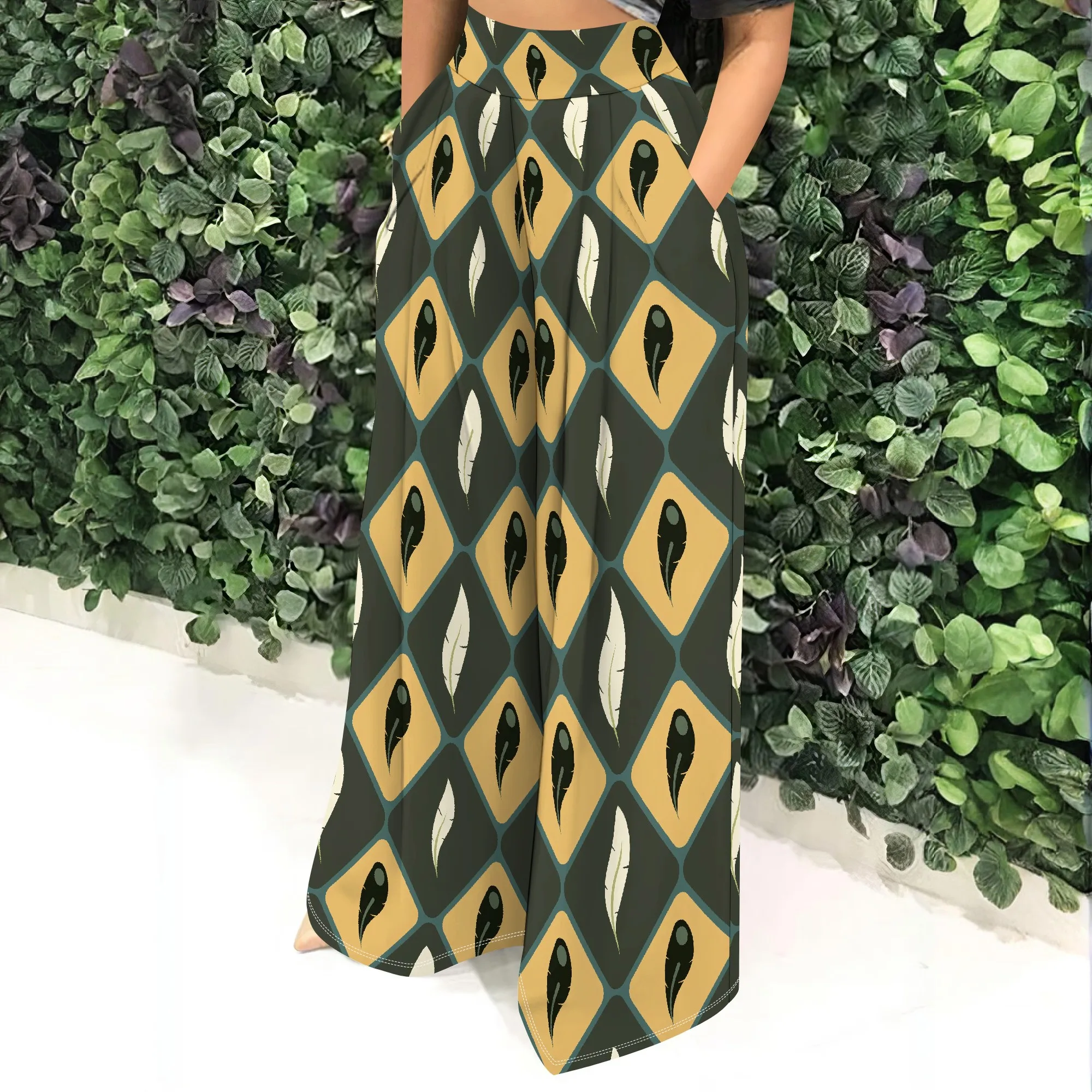 Feather Print, High Waisted Wide Leg Pants, Boho Diamond Pattern, Loose Fit Trousers, Casual Beach Wear, Pockets, S-2XL