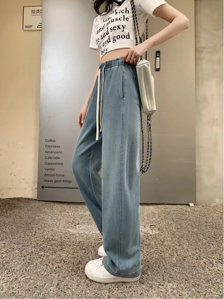 Summer Lyocell Soft Wide Leg Jeans Women Drawstring High-Waisted Loose Lightweight Wide-Leg Pants