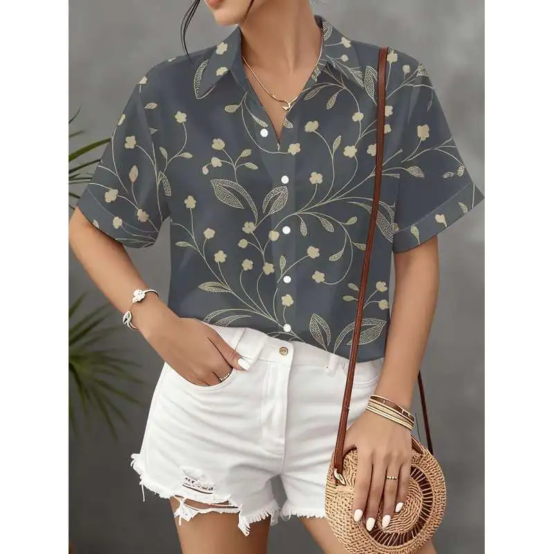 Women Casual Short Sleeve Button Up Shirt Gray Floral Print Vintage All Over Pattern Elegant Light Branch Design Machine Washabl