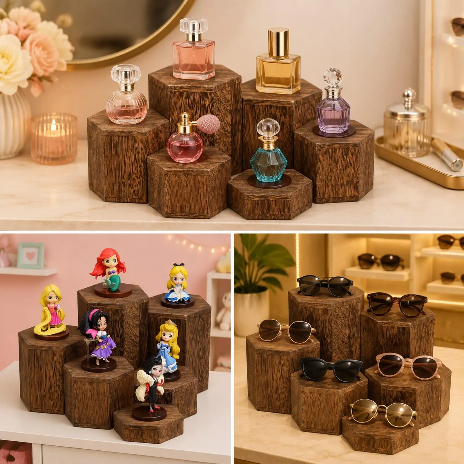 6 Pieces Hexagonal Display Blocks Wooden Hexagon Display Risers Step Plinths Hexagon Display Stand Set for Retail Desserts view 6