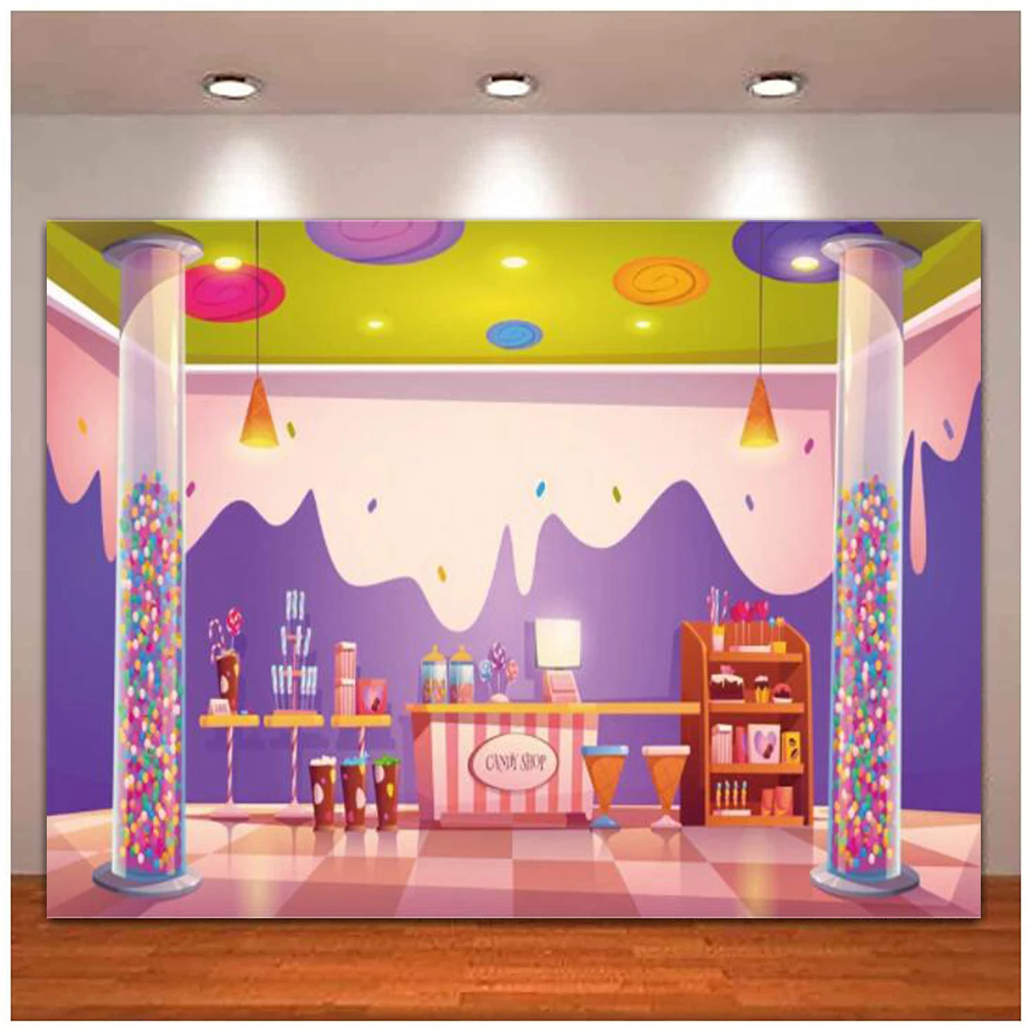 

Photography Backdrop Candy Shop Sweet Ice Cream Lollipop Chocolate Shoppe Background Girls Child Happy First 1st Birthday Party