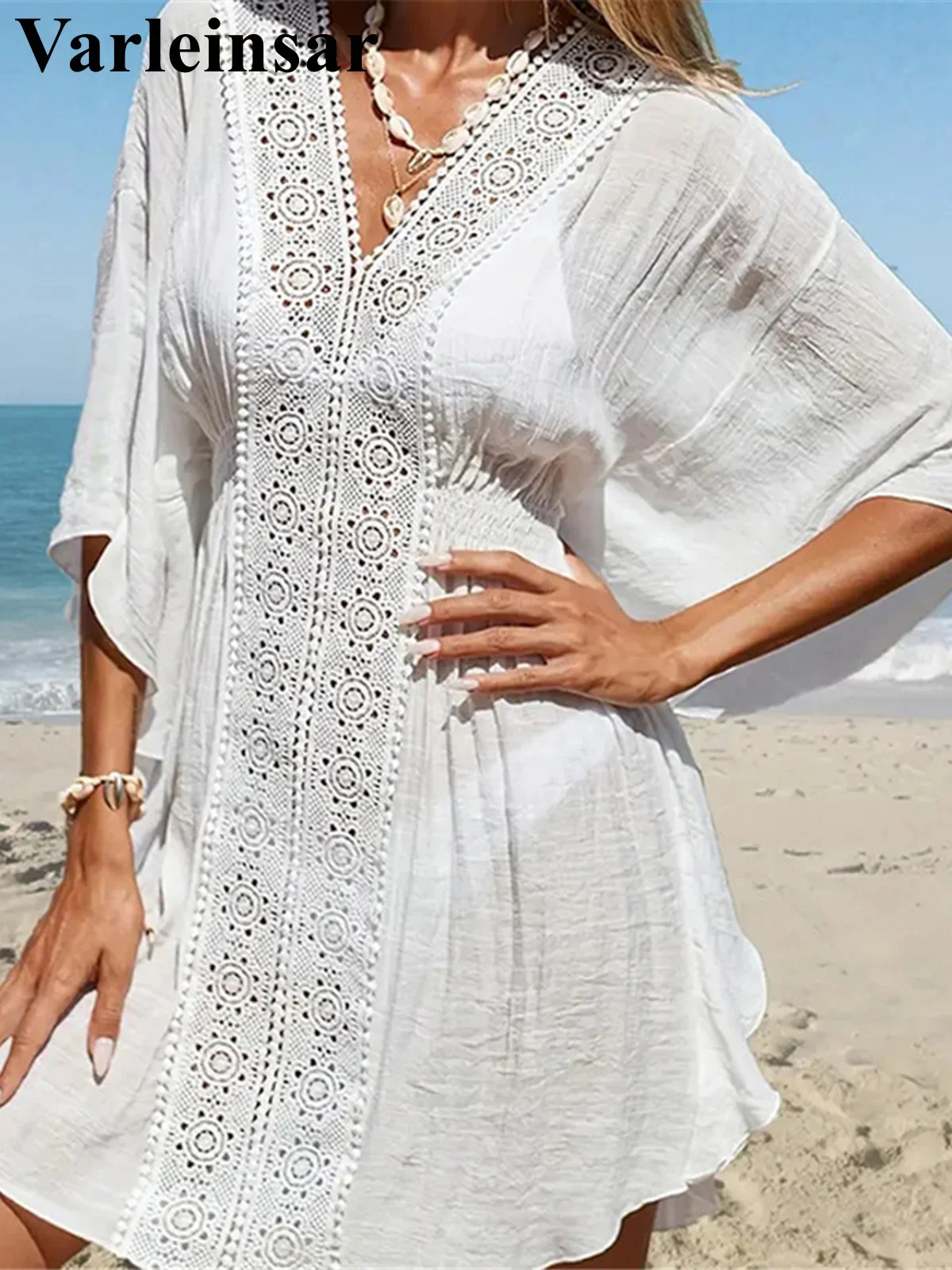 V Neck Half Sleeve Hollow Out Crochet Knitted Tunic Beach Cover Up Cover-ups Beach Dress Beach Wear Beachwear Female Women V6283