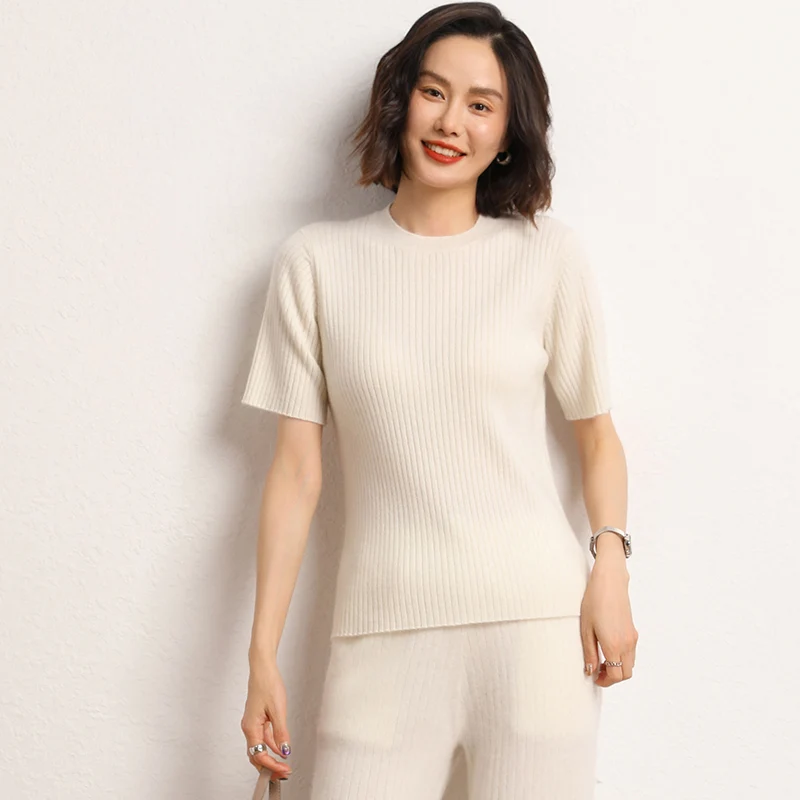 

Women's Round Neck Slim Fit Cashmere Half Sleeve Luxurious High-Quality Solid Color Basic Style Base Pullover Knit Sweater Top