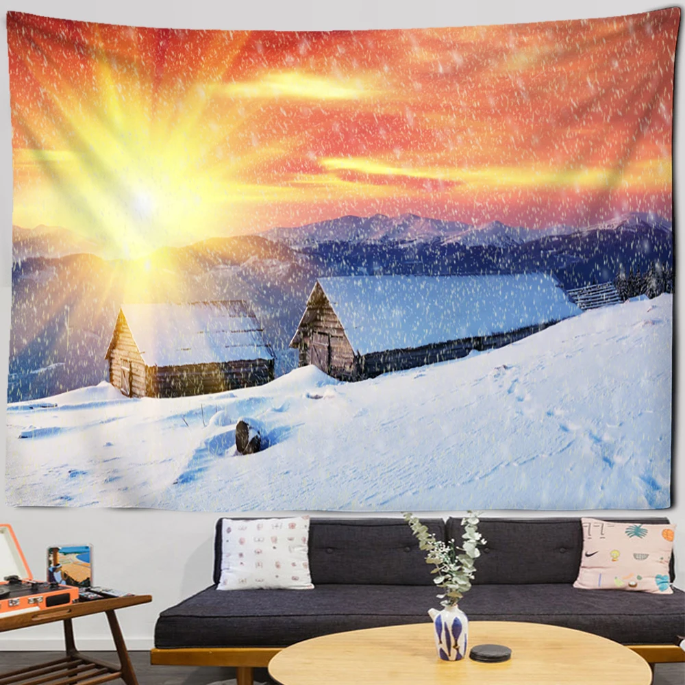 Castle Ski Tapestry Sunrise Psychedelic Style Forest Natural Snow Scene Wall Hanging Home Room Decor