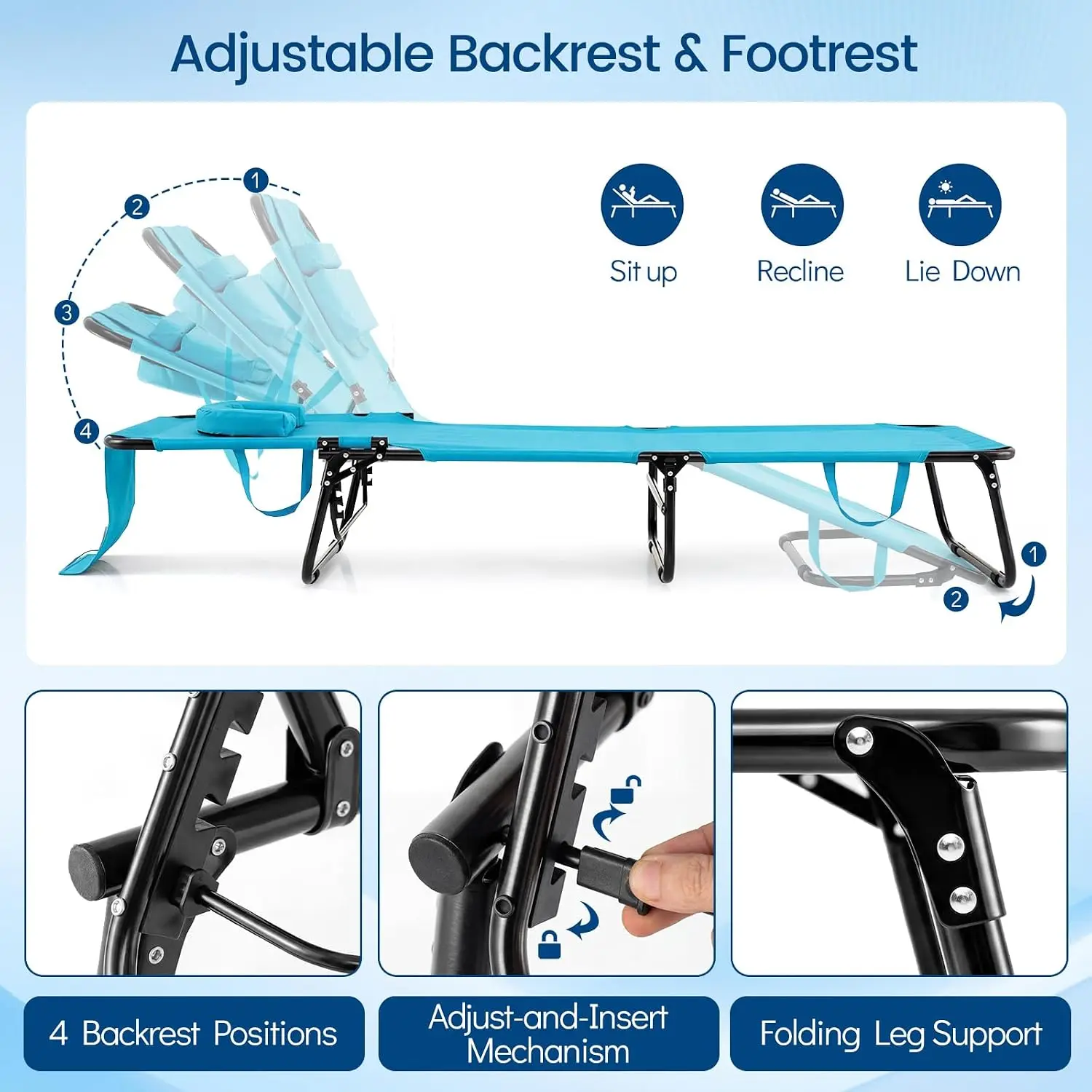 Adjustable Folding Beach Lounge Chair w/Face Hole, Pillow, Carry Strap, Sunbathing Chaise for Poolside Yard, 2PCS, Customized