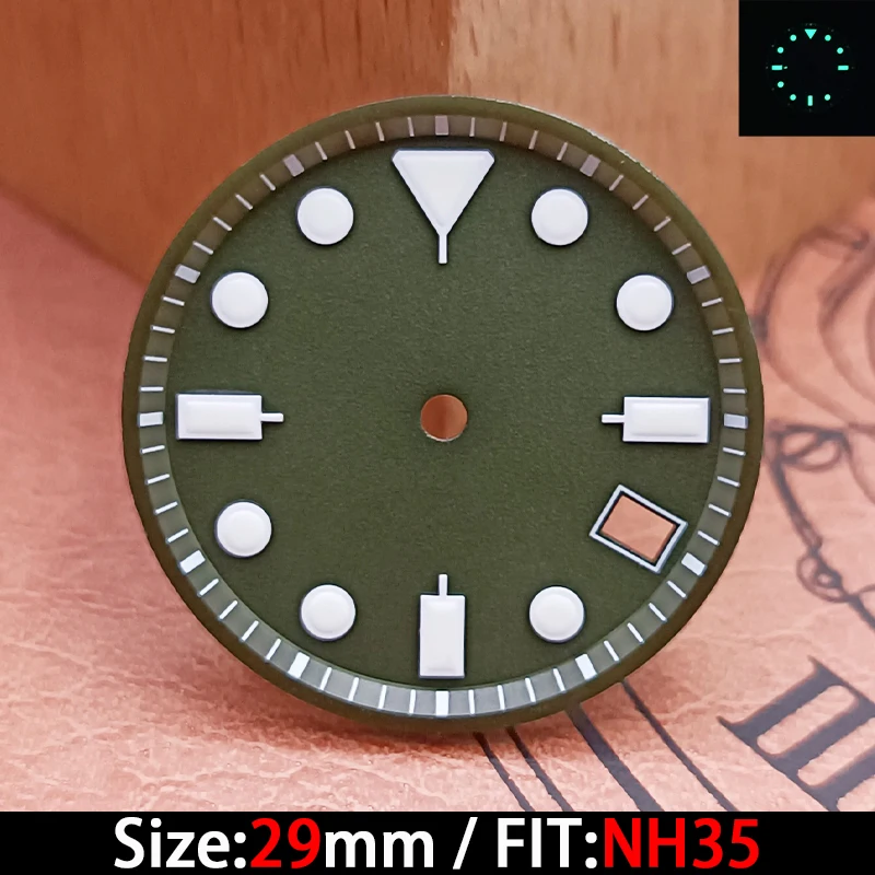 Das hochwertige 29-mm-Zifferblatt mit grün leuchtendem Kalenderzifferblatt eignet sich zum Austausch des Zifferblattes der NH35-Uhrwerk-Armbanduhr.