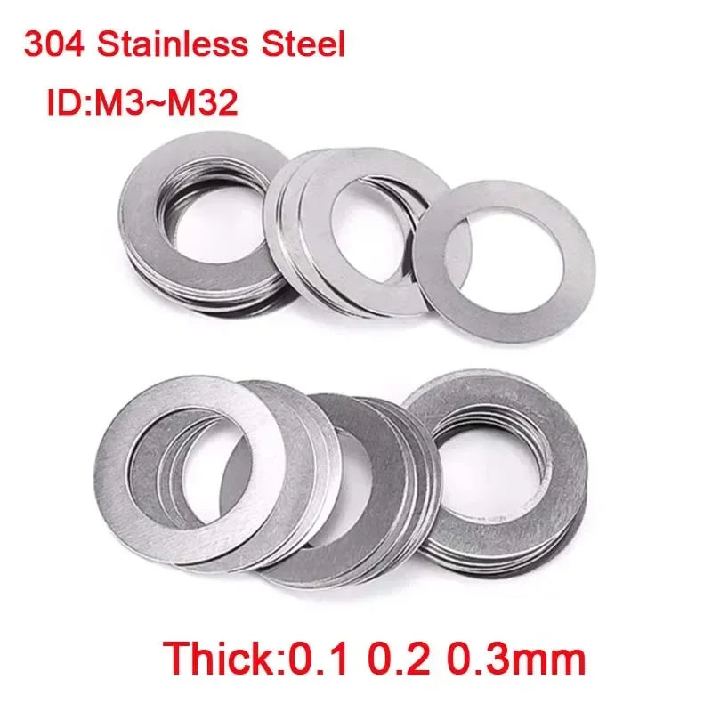 

20~100Pcs 304 Stainless Steel Ultra-thin Flat Gasket Bearing Screw Shim Adjustment Washer M3~M32 Thin washer Thick 0.1 0.2 0.3mm