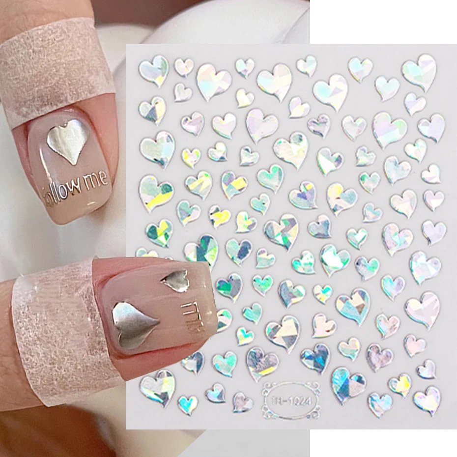 1PCS Gold Heart Nail Stickers Y2K Nail Art Decoration Hollow Love Heart Abstract Bronzing Flowers Stickers For Nails