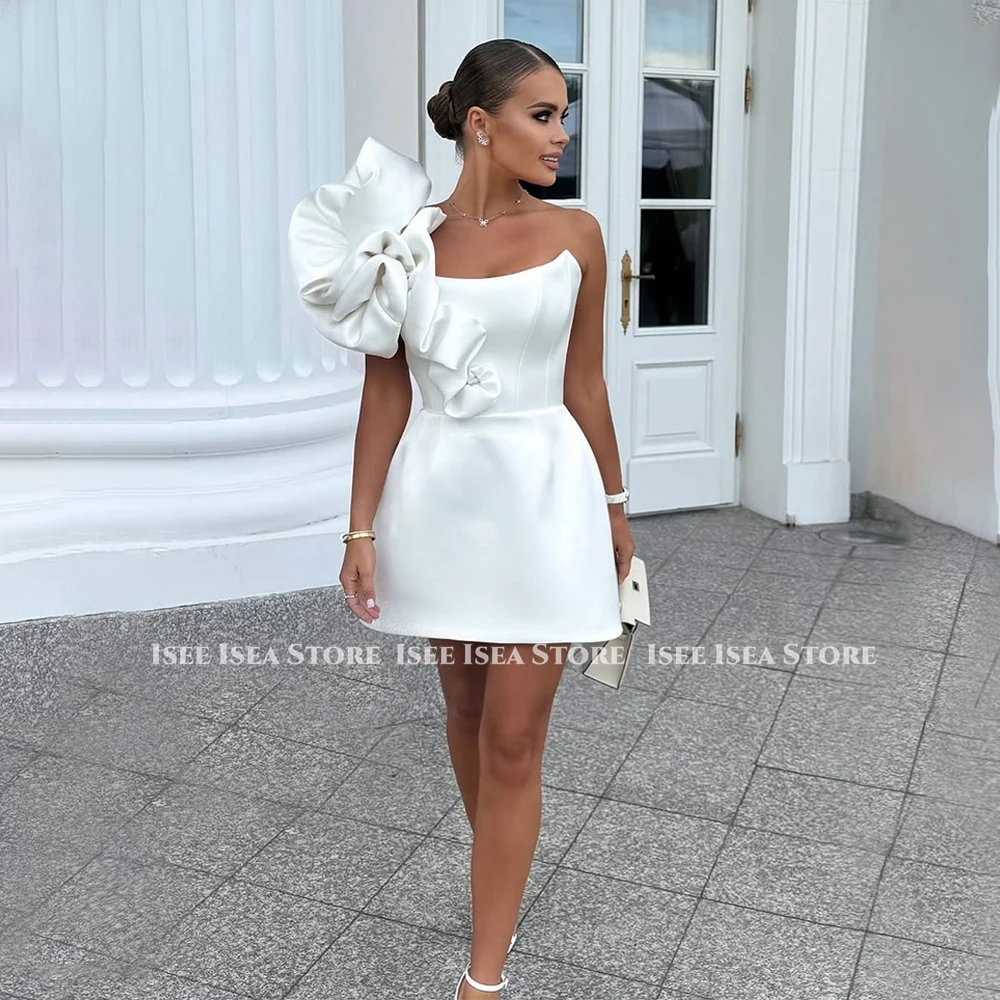 One-Shoulder Mini Evening Dresses Satin Handmade Flower Ball Gown A-Line Elegant Princess Party Birthday Dress Customized