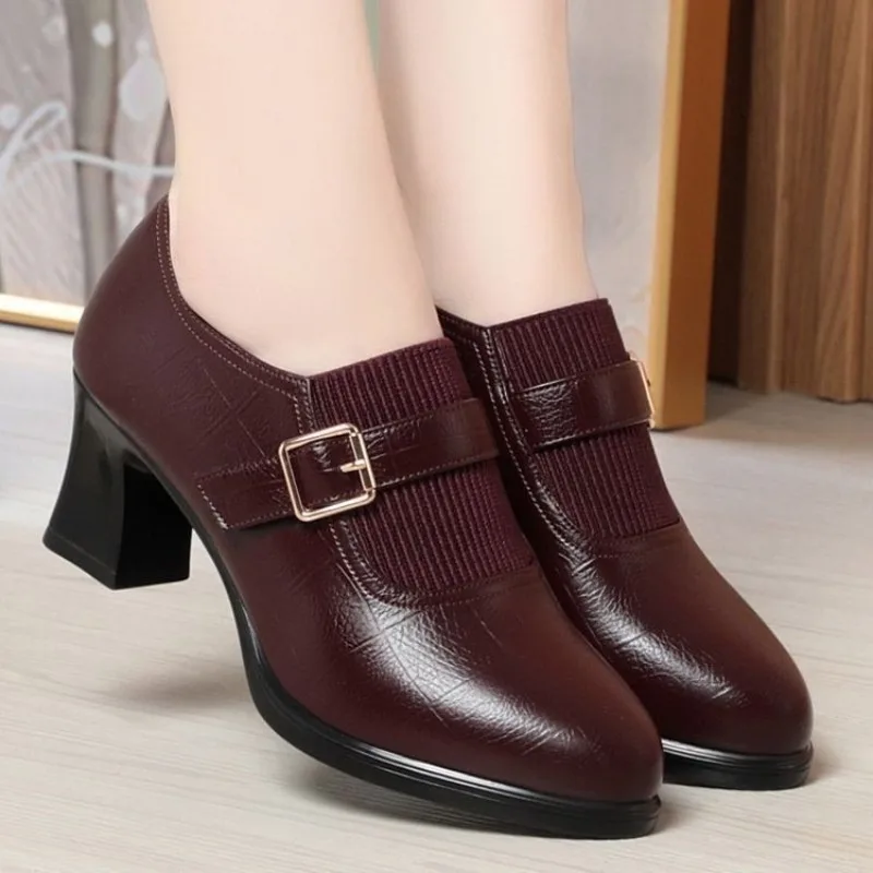 Autumn Fashion Comfort Deep Mouth Soft Leather Shoes Women Pumps Spring Block Heels Shoes for Office Mom Model Daily