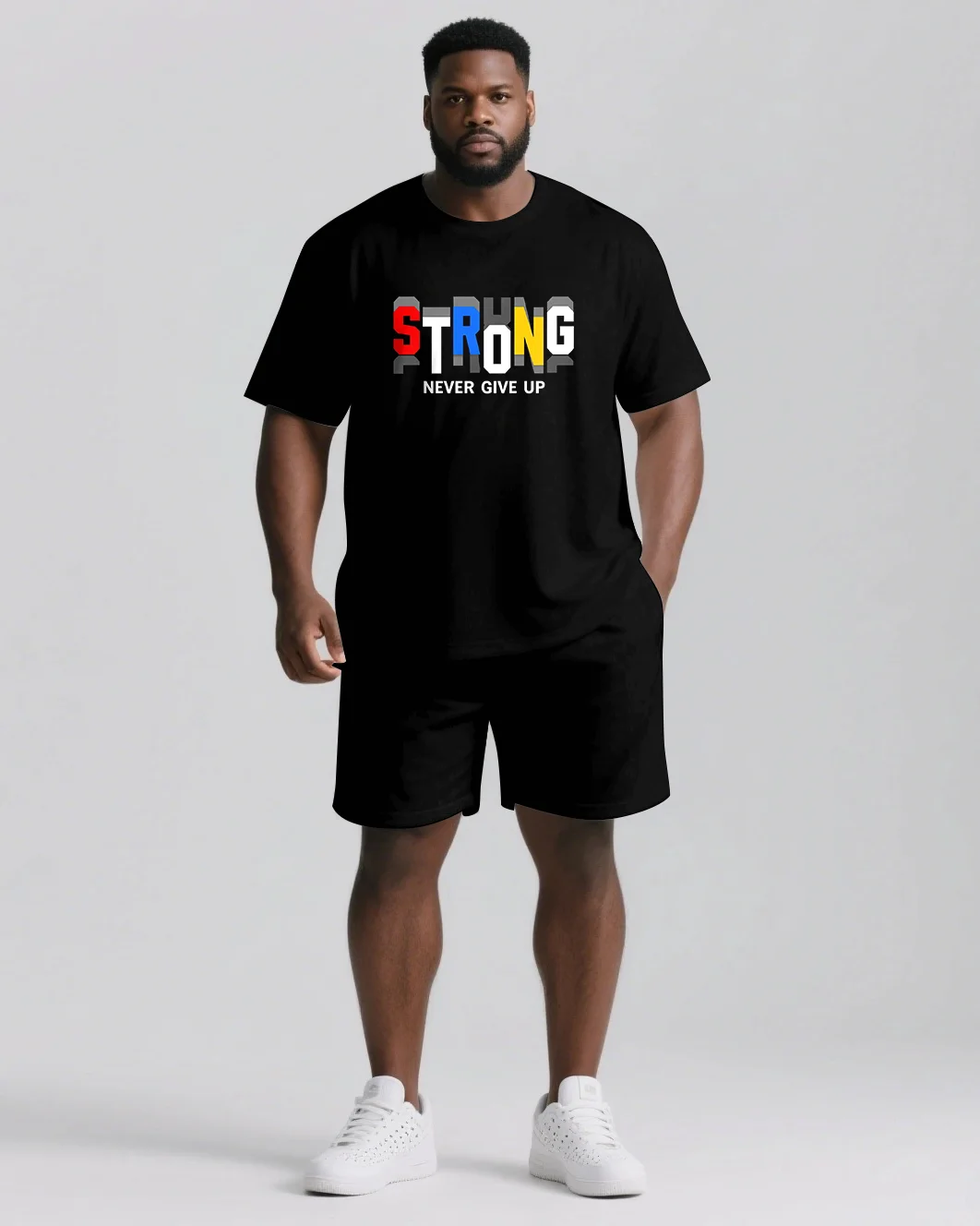 Men's Plus Size Strong Letter Print T-Shirt and Shorts Set, Colorful Layered Text, Short Sleeve Crew Neck, Summer Wear, S-9XL