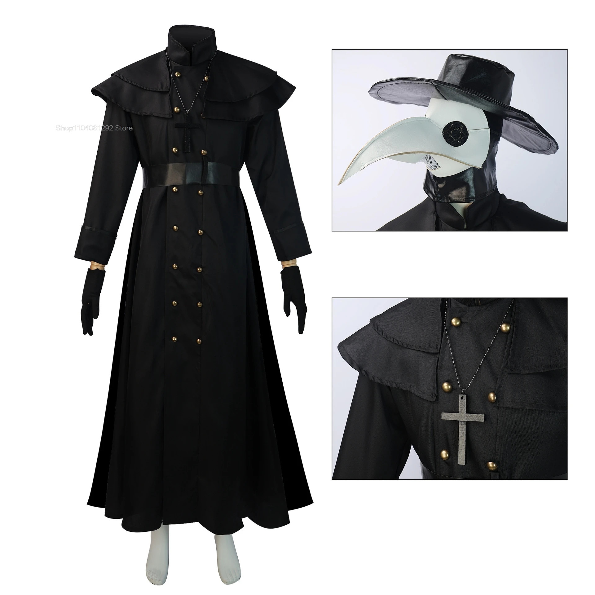 Halloween Medieval Hooded Robe Plague Doctor Costume Mask Hat for Men Monk Cosplay Steampunk Priest Horror Wizard Cloak Cape