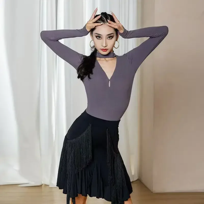 Women Latin Dance Jumpsuit Long Sleeve Top Adult Training Suit Leotard Cha-cha Samba Rumba Dress Performance Tassel Skirt Set