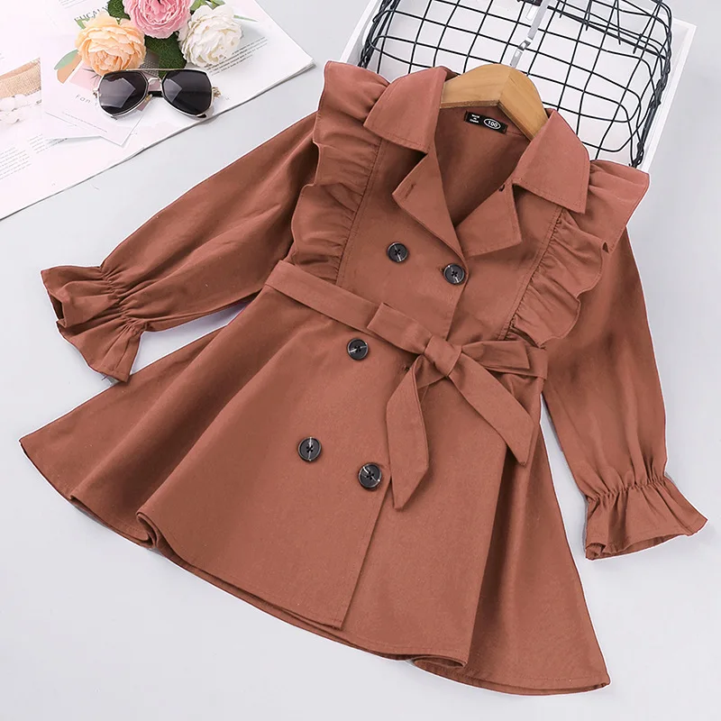 

Toddler Baby Girl Fall Trench Coat Double Breasted Ruffle Trim Belted Winter Long Sleeve Casual Windbreaker Jacket