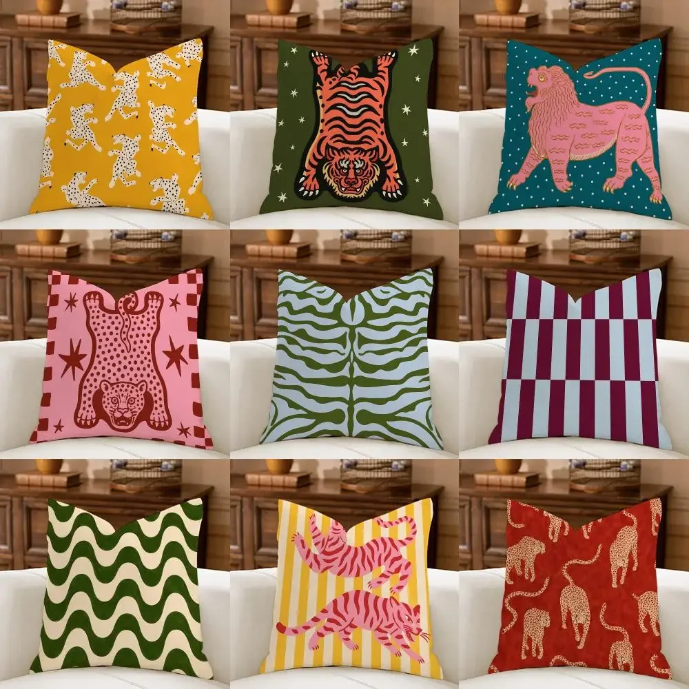 Tiger Leopard Lion art Cushion Cover Natural Breathable Durable Linen Printed Decor Pillow Case Sofa Bedroom