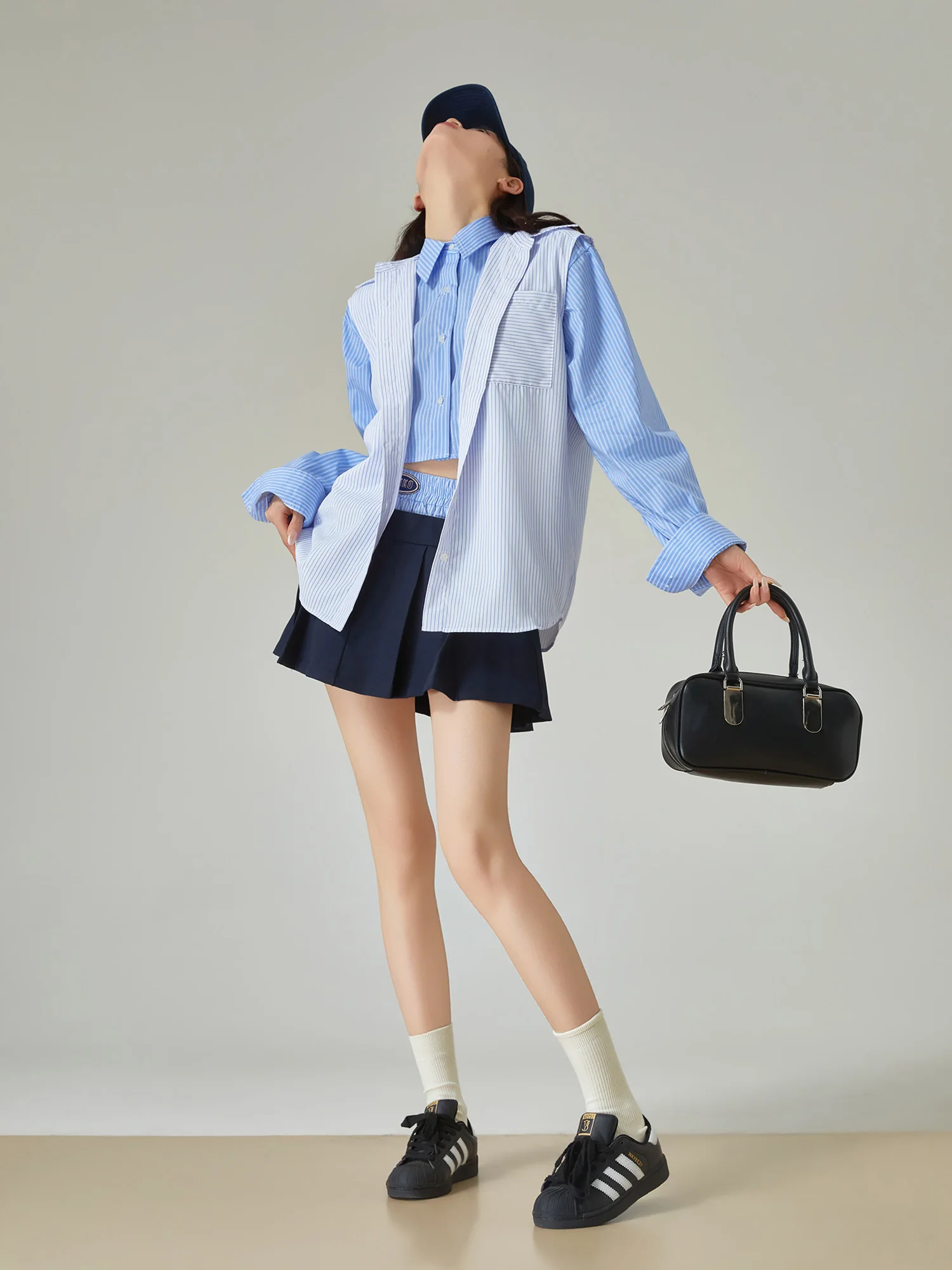 

Blue Striped irt Women's Loose Fit Casual Versatile Two-Piece Set Japanese Design Sensation Layering High-End Feel Commute