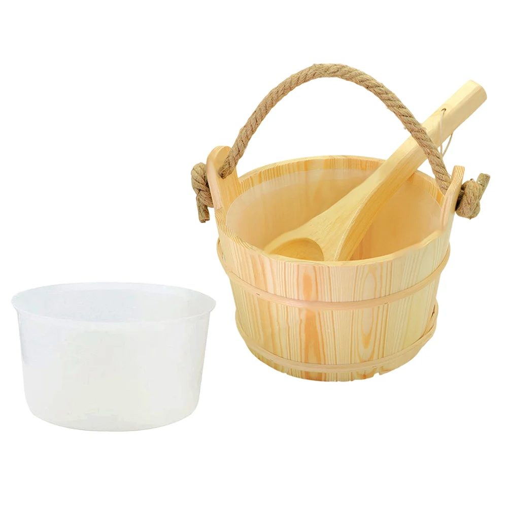6L Sauna Bucket & Ladle Set, Spruce Wood Construction With Rope Handle And Plastic Liner Sauna Accessories Set