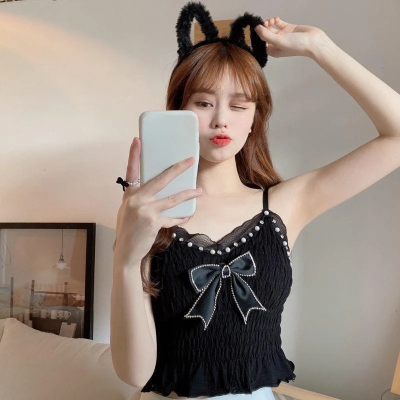 Summer Lace Bow Camisole for Women Pleated Crop Tops Vintage Clothes Harajuku Solid Sexy Ladies Sweet Elegant Camisole