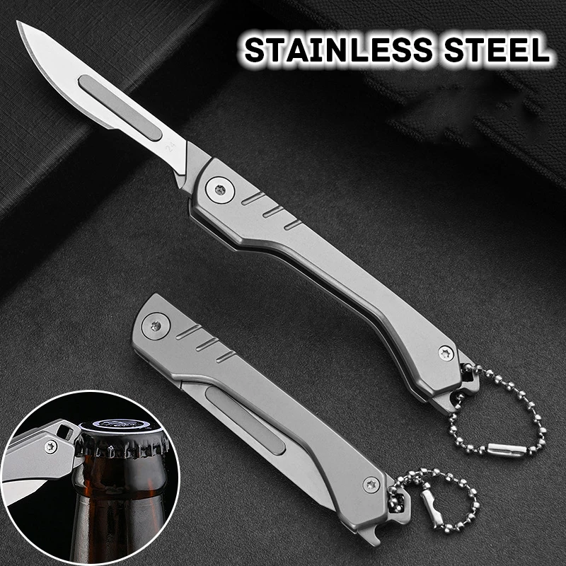 Stainless Steel Replaceable Blades Scalpel Folding Knife With Bottle Opener EDC Keychain Pocket Knife 10 Blade Free Useful Tool