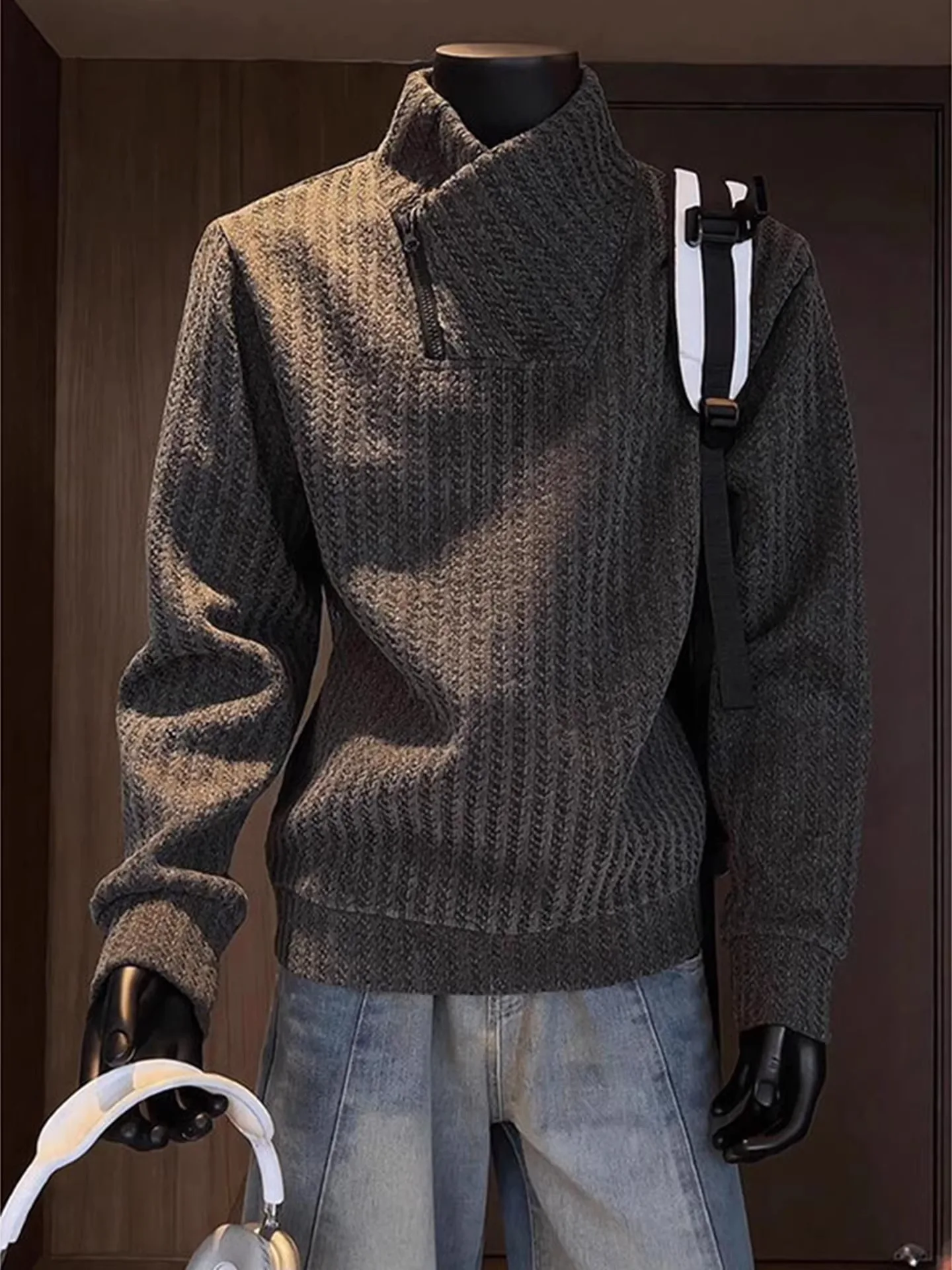 Japanese Style Zipper Stand Collar Thickened Men's Sweatshirt Inner Wear Spring Fashion Brand Casual Fishbone Pattern Base Shirt